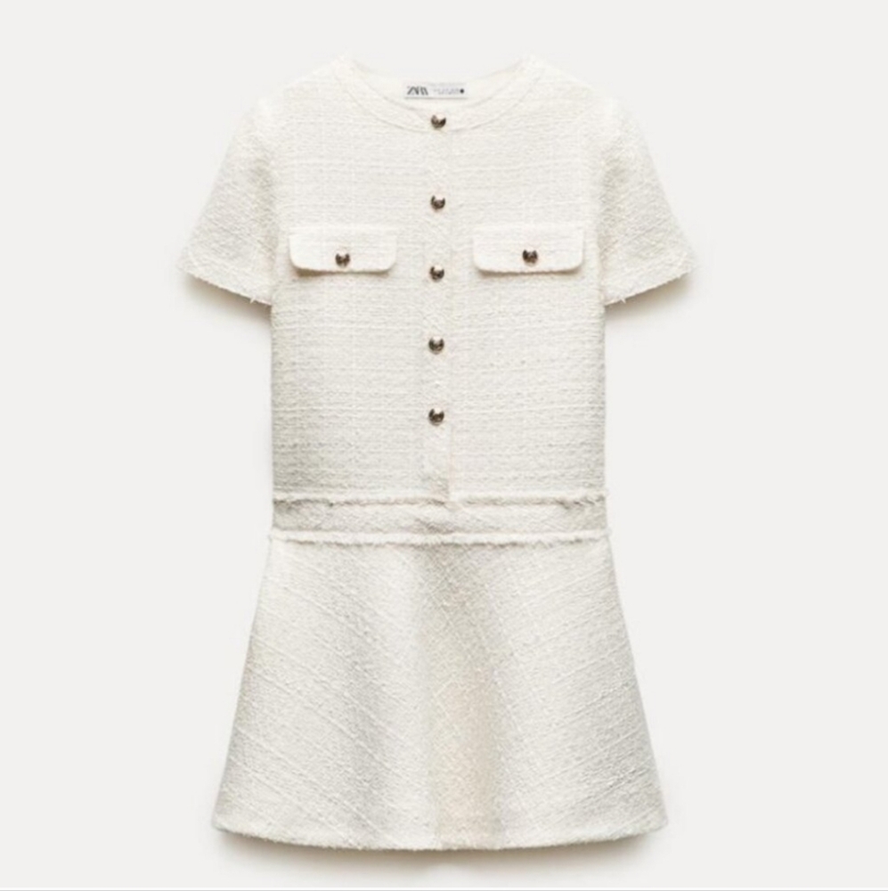 ZARA TEXTURED TWEED MINI DRESS ECRU - Picture 10 of 16